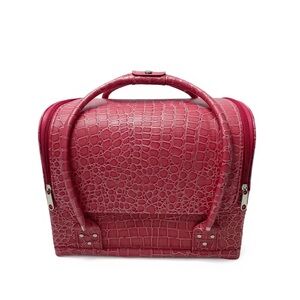 Hot Pink Croc-Embossed Top-Handle Makeup Bag